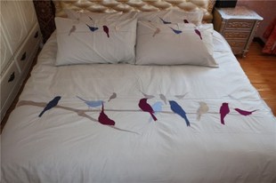 全棉可爱小鸟刺绣三件套 四件套床上用品