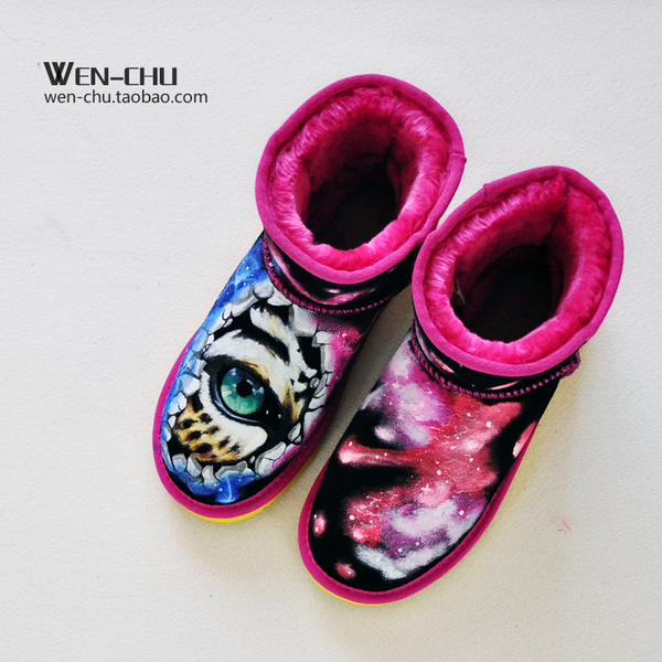 2015冬季雪地靴短筒女学生韩版潮短靴平底皮手绘涂鸦棉鞋平底短靴