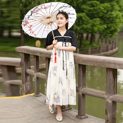 汉服女齐胸襦裙改良交领古装短袖高腰印花元素宽松宽松雪纺连衣裙