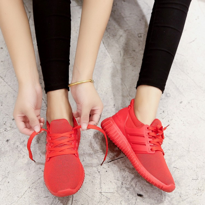 新款秋椰子女鞋韩版小红鞋平底飞织红色运动鞋女跑步鞋透气休闲鞋