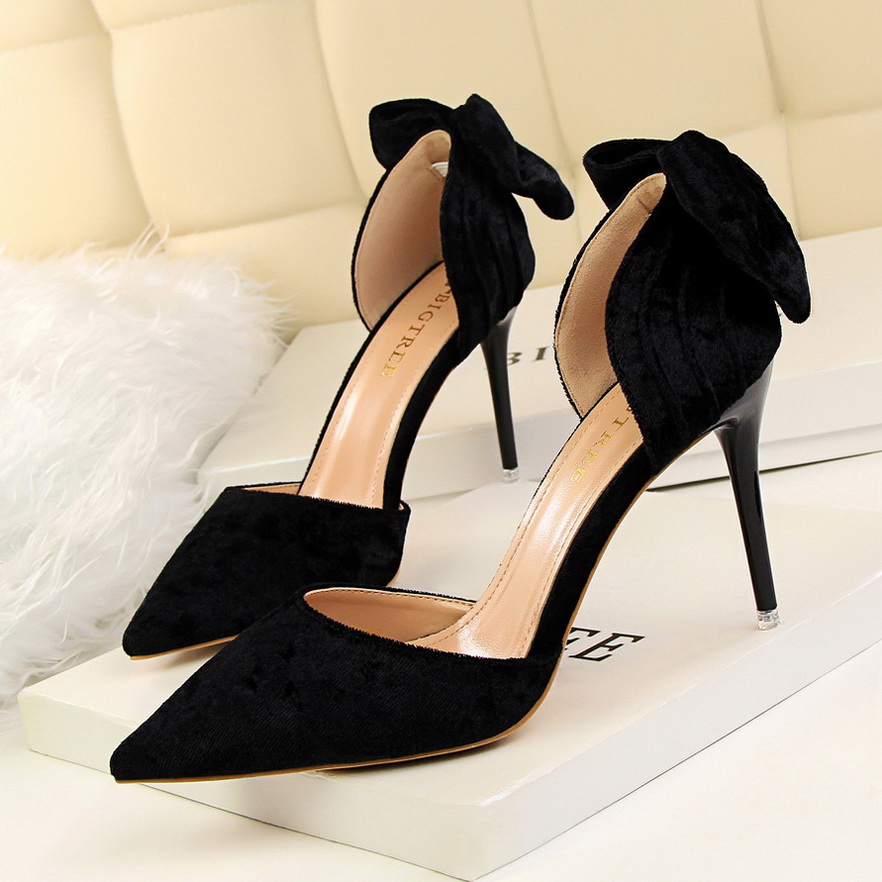 923-2 han edition fashion high-heeled shoes high heel with suede shallow mouth sweet pointed hollow out after the bowkno