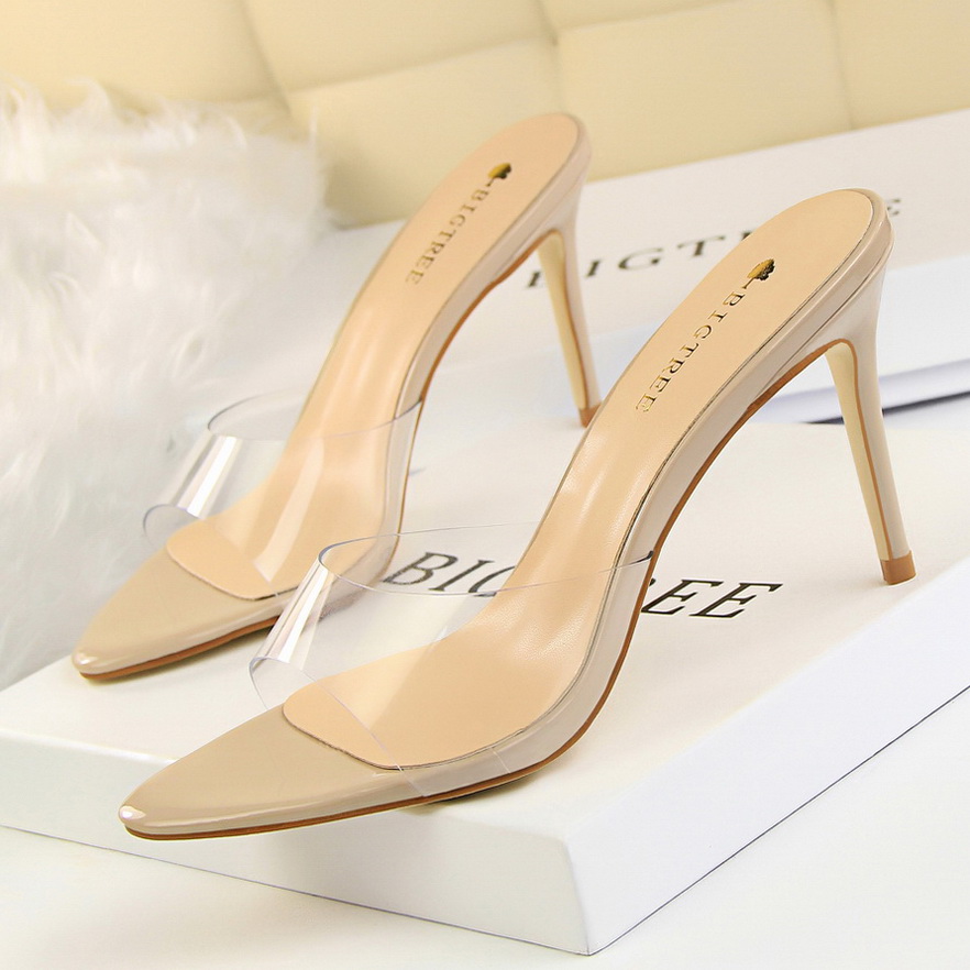689-13 barefoot perspective han edition fashion simple transparent one word with cool slippers with pointed high heel wo