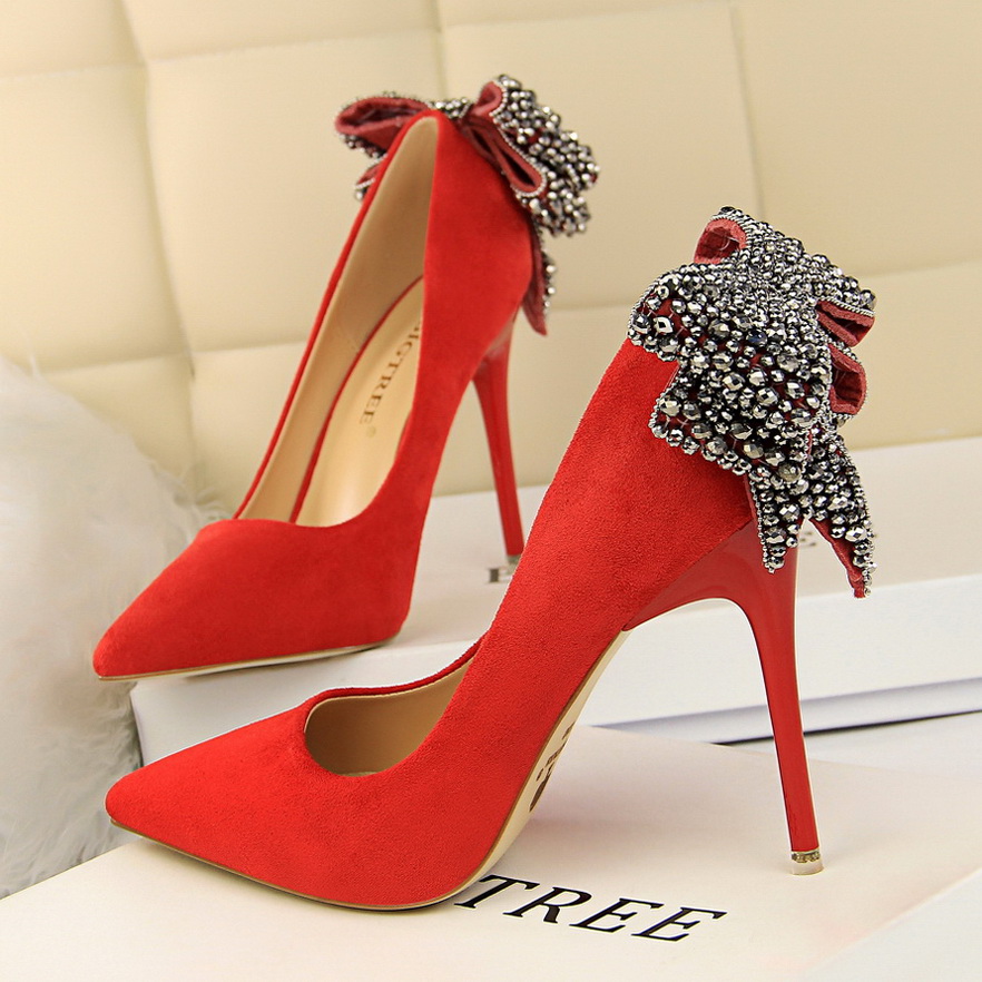 1717-10 han edition fashion high heels for women's shoes high heel with suede shallow mouth pointed bow diamond