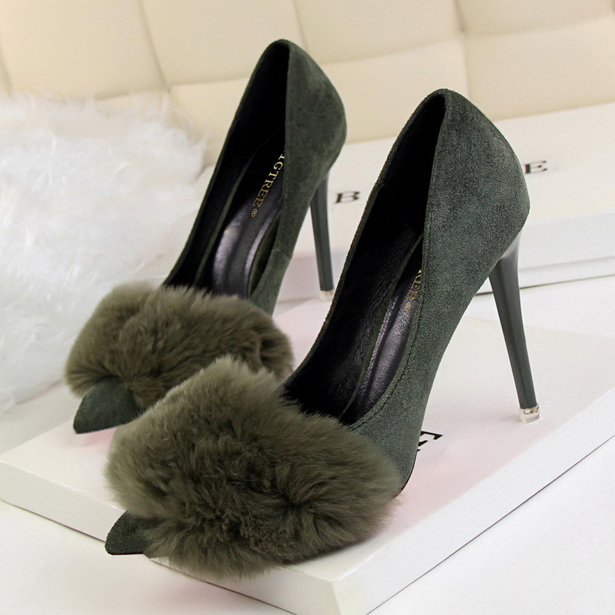 9511-2 han edition fashion sexy shoes maomao shoes high heel with suede shallow pointed mouth rabbit hair single shoes