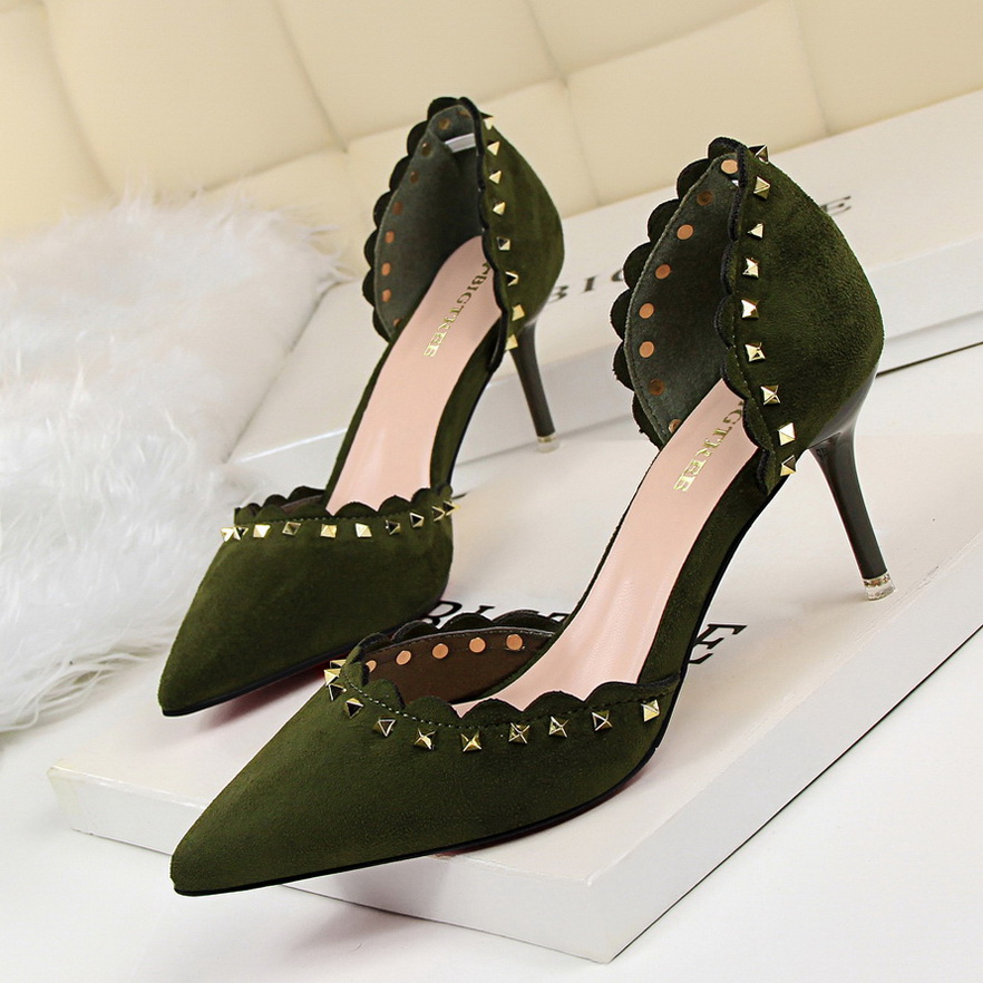 998-1 han edition fashion show fine with high heels suede shallow thin mouth pointed sexy nightclub hollow rivet women s