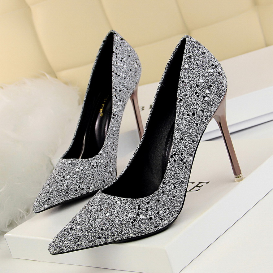 9196-2 han edition high heels for women’s shoes high heel with shallow mouth pointed sexy thin nightclub shiny piece of 