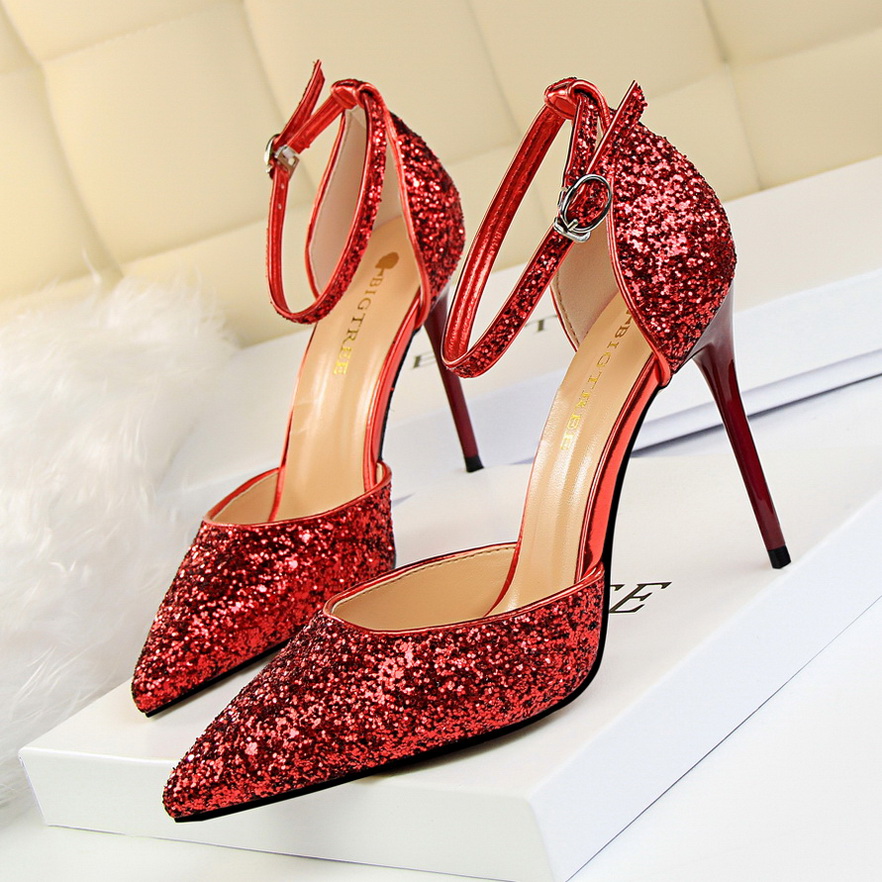 283-1 the European and American wind high heel with shallow mouth pointed hollow sequins sexy nightclub show thin word a