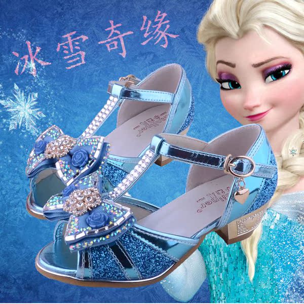 正品女童鱼嘴凉鞋2016新款冰雪奇缘儿童公主鞋韩版女孩蓝色高跟鞋