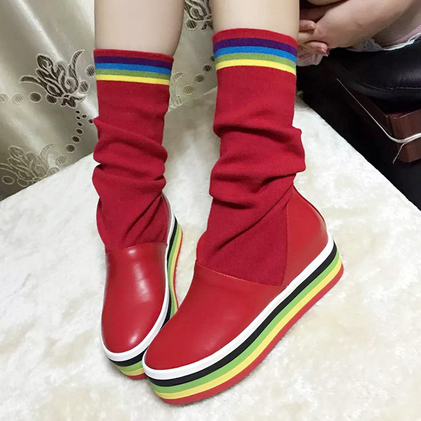 2015 осень новой корейской версии радуги шерсти сапоги толщиной коры смешанных цветов на высоких каблуках кожаные сапоги женщин плоские сапоги