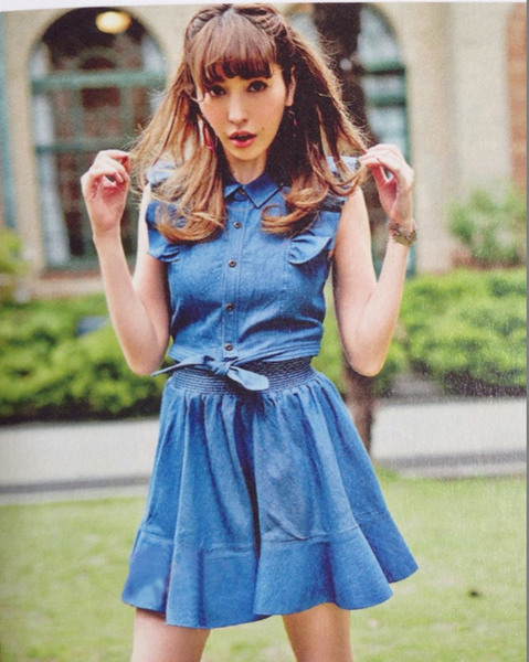 2014 vivi杂志款 lilybrown lena 高腰修身短袖牛仔连衣裙 中长裙