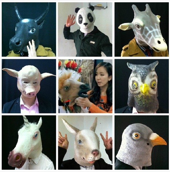 正品马头松鼠狼老虎羊驼鸡鸽兔子12生肖动物面具头套模特演出道具