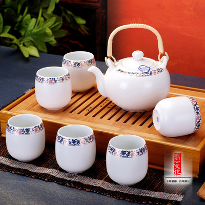 标题优化:陶瓷景德镇瓷器茶具高档家用7头蓝藤花整套陶瓷茶具套装送礼佳品