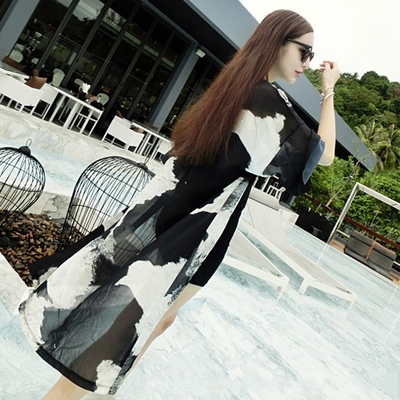 标题优化:JC15A-8750韩版雪纺衫印花超长款薄款防晒衣夏季中袖开衫披肩外套