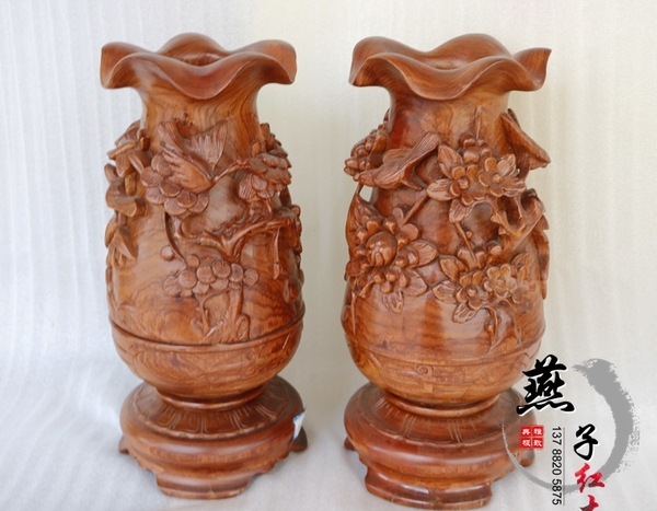 家居饰品花梨木花瓶实木雕花瓶红木工艺品整木雕花鸟摆件40公分高