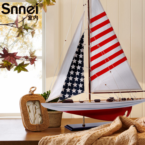地中海美式乡村风格帆船模型摆件美国船一帆风顺单桅工艺船68cm