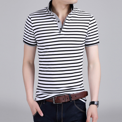 标题优化:2015新款男士纯棉短袖T恤夏装 青少年韩版修身微领条纹薄款T恤潮