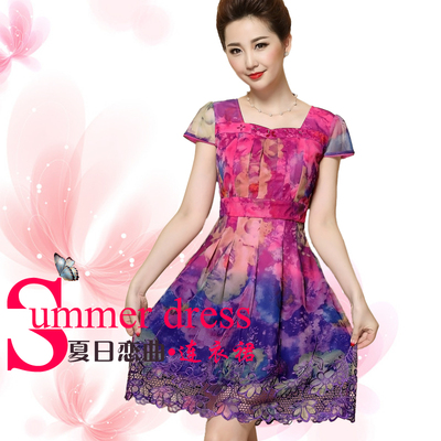 标题优化:2015夏季女装气质雪纺蕾丝印花大码短袖大摆连衣裙