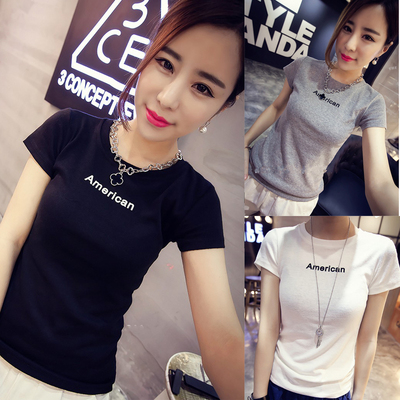 标题优化:2015夏季新款女装韩版百搭修身圆领打底衫短袖英文小字母印花T恤