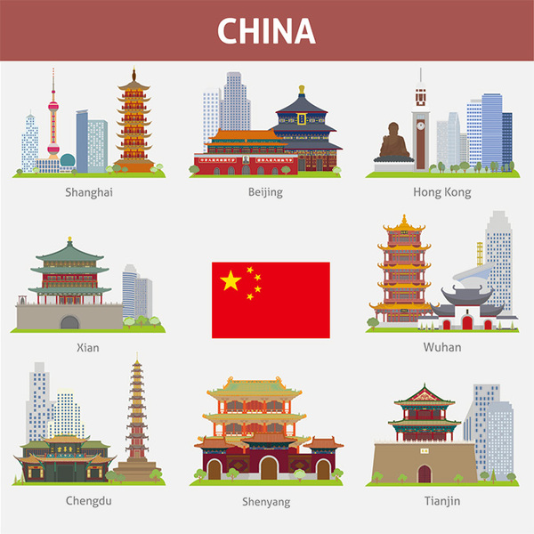 中国著名地标图标ai矢量素材 上海 北京 香港 西安建筑 设计素材