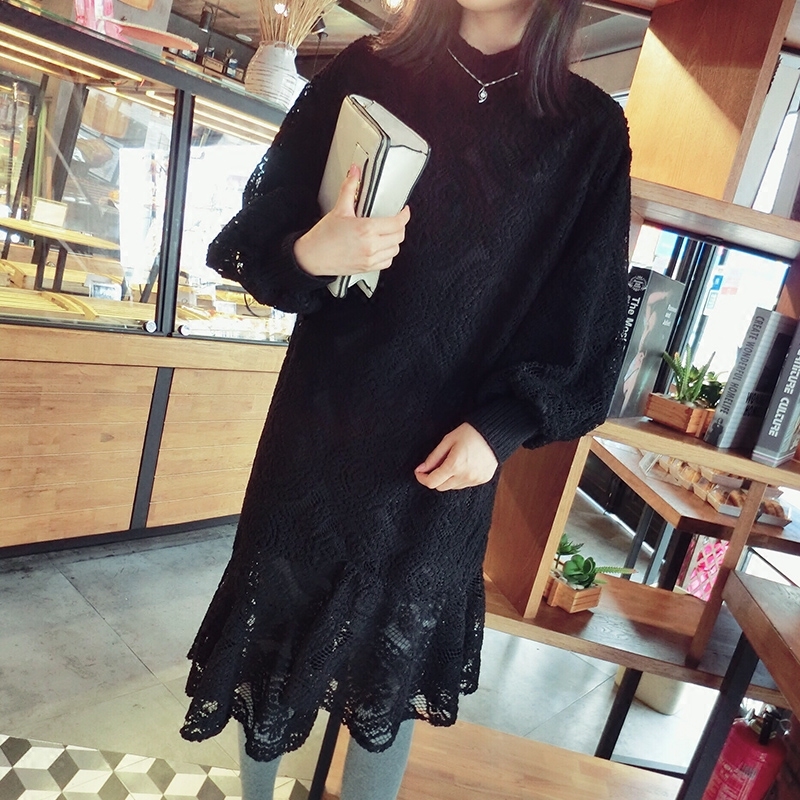 韓版2017鼕裝新款長袖荷葉邊加厚中長款顯瘦打底蕾絲連衣裙