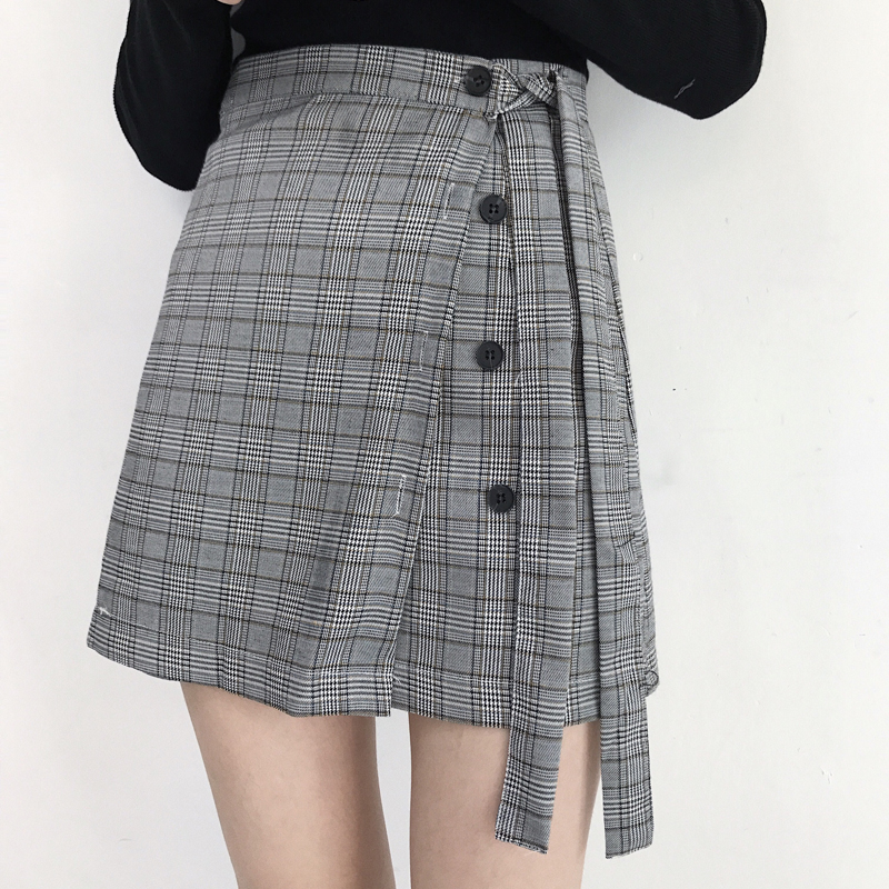 韓國學院風秋裝新款一片式單排扣繫帶高腰A字包臀裙女裝半身短裙