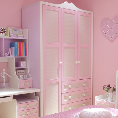 三门衣柜组合公主粉红色衣柜子韩式儿童女孩卧室实木衣橱儿童衣柜