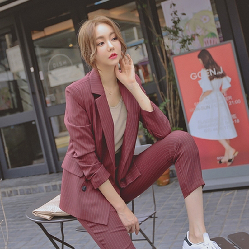 職業西裝套裝女韓國秋季新款時尚休閑條紋小西服外套九分褲兩件套