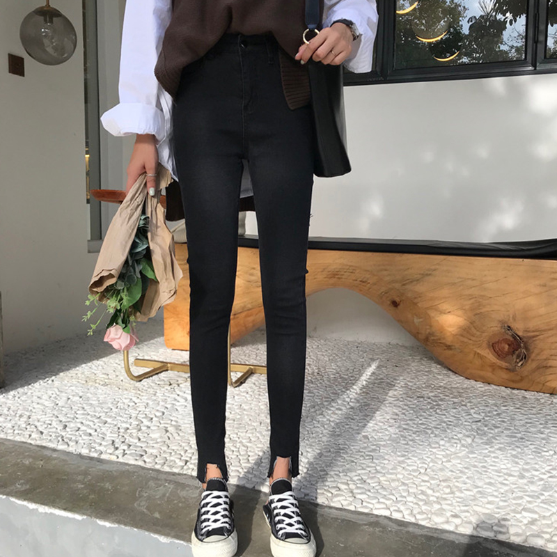 韓版2017秋鼕裝新款女學生小腳鉛筆褲子修身顯瘦高腰破洞牛仔長褲