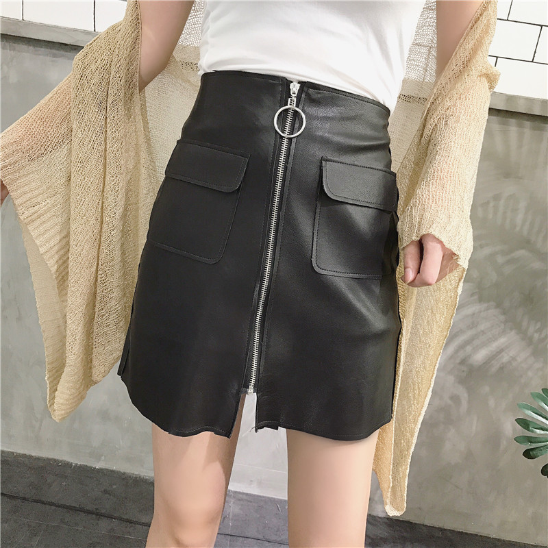 秋裝新款半身裙女2017韓版高腰顯瘦包臀A字裙雙口袋拉鏈PU皮短裙