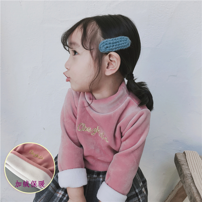 17韓版女童秋鼕裝童裝寶寶半高領T恤衛衣兒童加絨加厚百搭打底衫