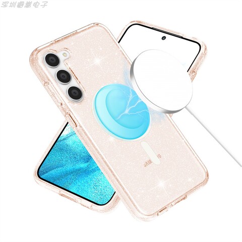 Gold — Girls Transparent Clear Shiny Glitter Bling Silicone TPU Magsafe Magnetic S23, S23 Plus, S23 Ultra Samsung Phone Case