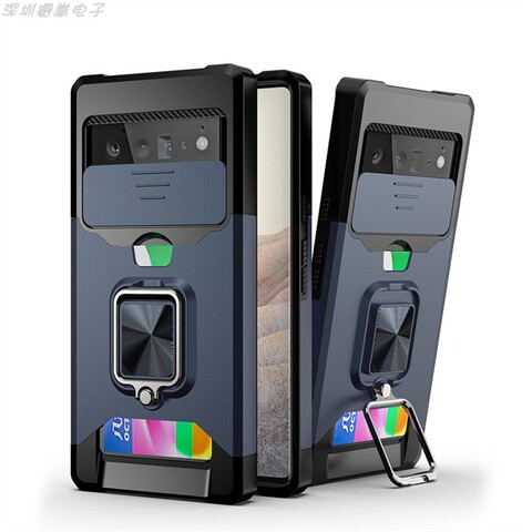 Blue — Sliding Lens Tough Shockproof Kickstand Function Airbag 4 Corner Shock Absorbing 8, 8 Pro Google Pixel Phone Case