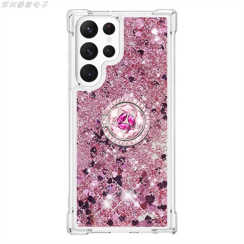 Light pink — Liquid Quicksand Girls Shiny Glitter Bling Silicone TPU With Ring Bracket Kickstand S23, S23 Plus, S23 Ultra