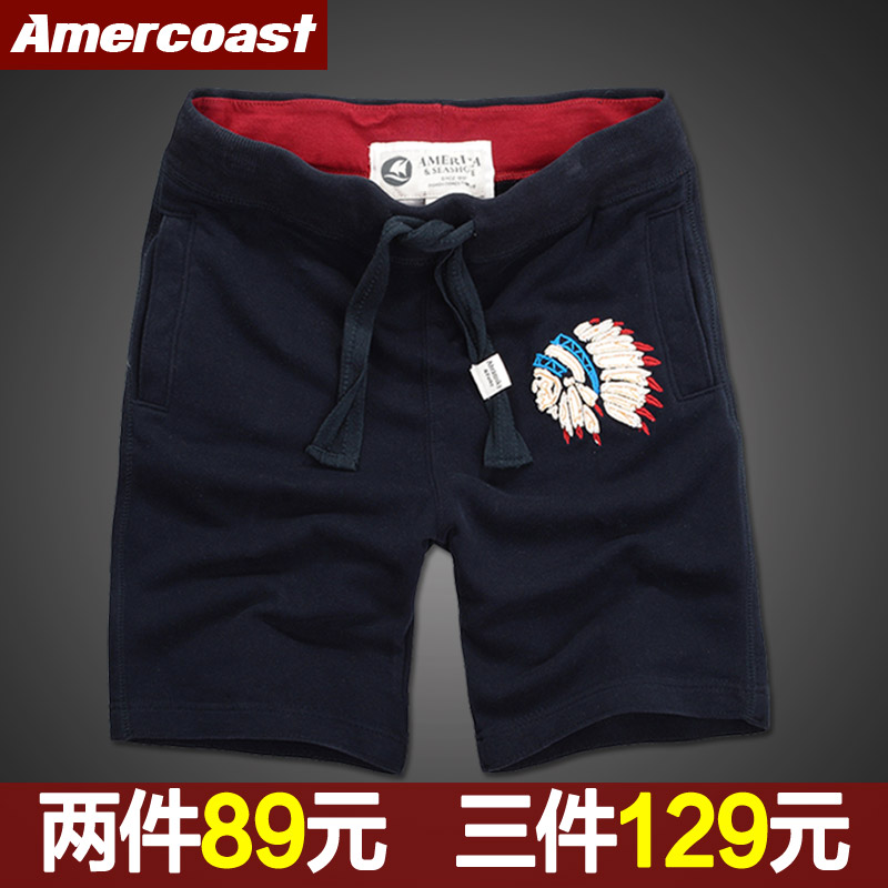 美洲海岸短褲男夏休閑繫帶純棉寬松五分褲大碼潮流短衛褲沙灘男褲