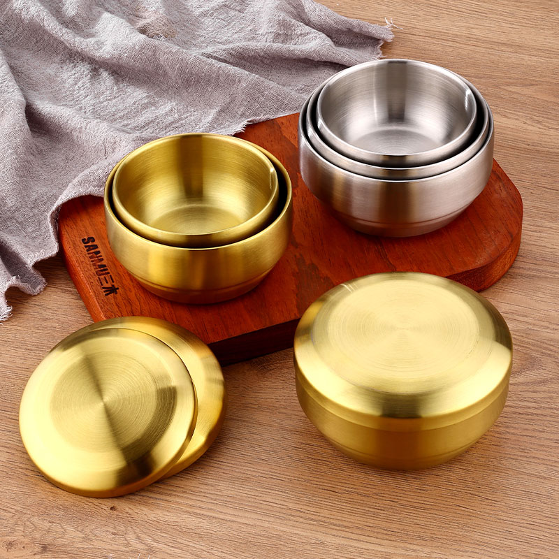 Korean 304 Stainless Steel Double Layer Rice Bowl with Lid Household Small Soup Bowl Anti-Scald Gold Korean Cuisine Kimchi Bowl