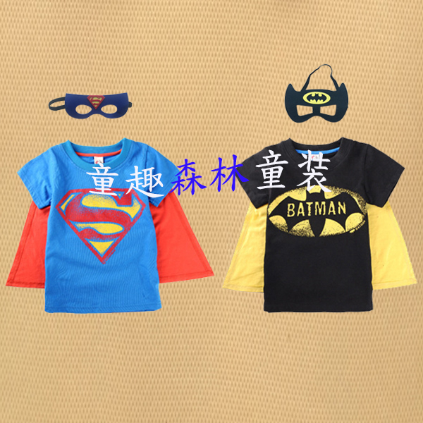 2016新款男童純棉短袖T恤帶披風夏裝衣服超人蝙蝠俠眼罩兒童潮寶