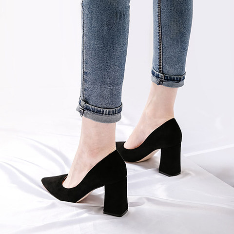 黑色高跟鞋女鼕粗跟秋季2017新款絨面尖頭韓版百搭職業中跟單鞋女
