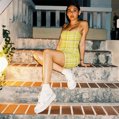 欧美ins网红街拍潮款裙Ulzzang格子修身显瘦港味复古吊带连衣裙女-淘宝网