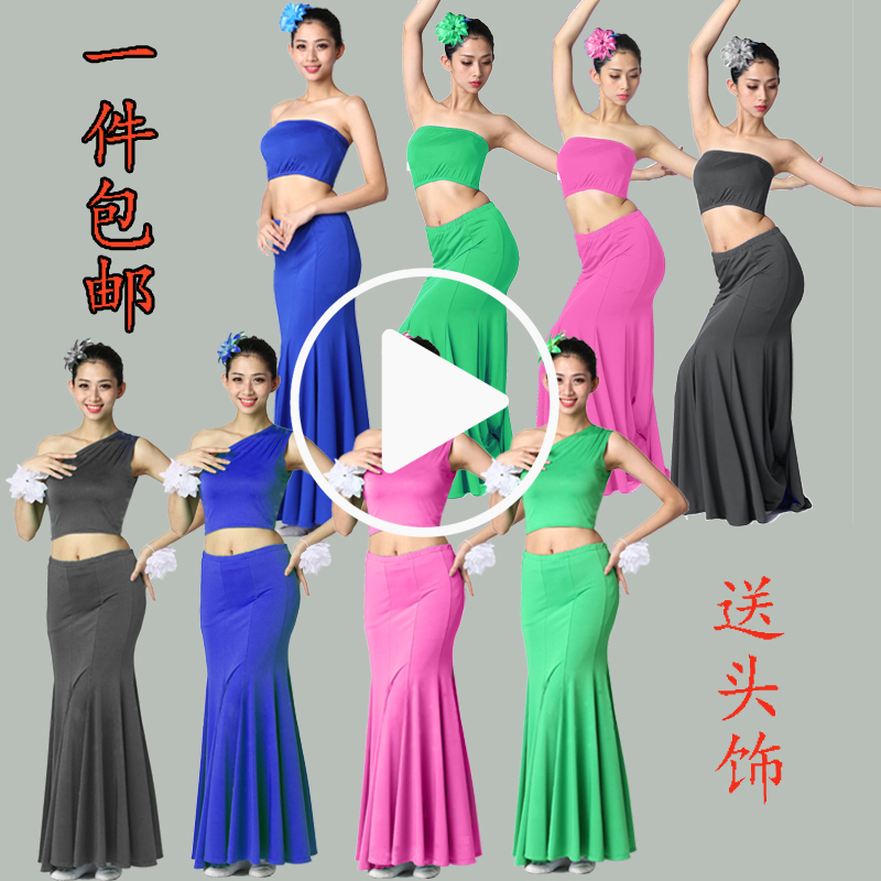 成人兒童傣族舞蹈演出服裝民族舞蹈練功服純色高彈力傣族魚尾裙女