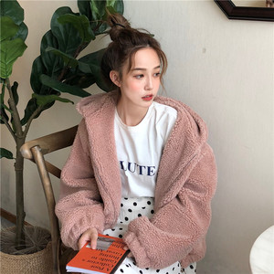 秋冬女装2018新款韩版宽松加厚仿羊羔毛休闲开衫连帽短款上衣外套
