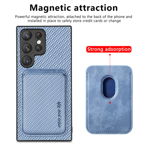 Blue — Magnetic Card Holder Carbon Fiber Pattern Synthetic Leather S23, S23 Plus, S23 Ultra, S22, S22 Plus, S22 Ultra, S21