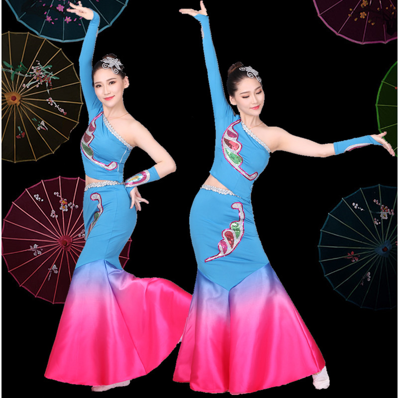 成人傣族舞蹈服裝雲南孔雀舞演出服葫蘆絲民族舞彈力包臀魚尾裙女