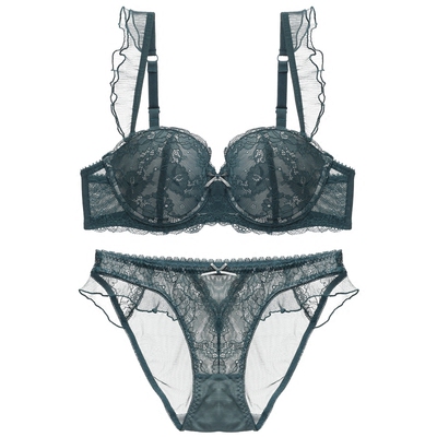 维密哆性感蕾丝荷叶边肩带聚拢文胸甜美可插片带垫上托内衣裤套装-淘宝网