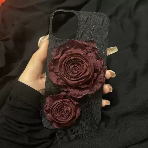 Black Rose Mesh Accent Handmade Vintage Phone Case for iPhone 17, 16, 15, 14, 13 and 12