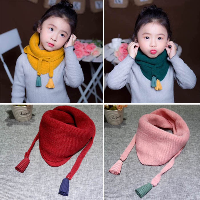 韓國兒童圍巾鼕季保暖流蘇女童三角圍巾加厚針織毛線男童寶寶圍脖