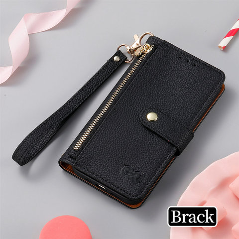 Black — Hearts Wallets Folio Flip Magnetic Synthetic Leather Card Holder Folding Stand With Wrist Lanyard Strap 8, 8 Pro, 7