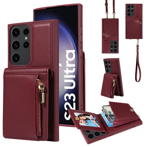 Red — Business Leather Zipper Coin Card Holder Wallet Crossbody Lanyard Strap S23, S23 Plus, S23 Ultra, S22, S22 Plus, S22
