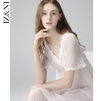 IIZZINI原创 2018睡裙女夏蕾丝花边短袖甜美居家服薄款V领睡衣女-淘宝网