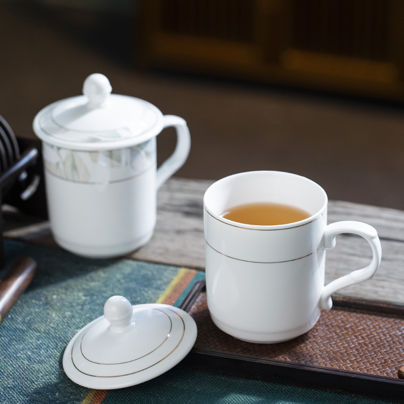 Jingdezhen Ceramic Cup Office Meeting Teacup with Lid Hotel Hotel Household Tea Brewing Water Cup Six Sets