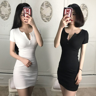 网络主播直播夜店女装性感低胸前开扣短袖连衣裙夜场紧身包臀长T-淘宝网